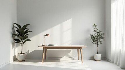 Modern minimalist home office workspace with light wood desk, potted plants, and a desk lamp
