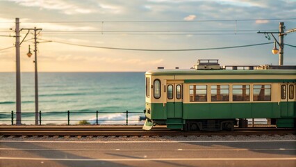 Medium Shot of Enoden Train Crossing Railway by the Ocean in Kamakura Japan with Pastel Tone