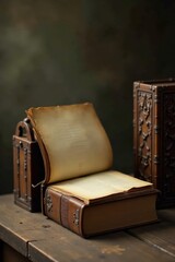 A Timeless Leather-Bound Book Rests Open on a Rustic Wooden Table Beside an Intricately Carved Wooden Box