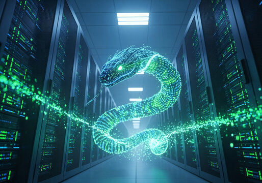 Server room with green data streams forming a recycling symbol