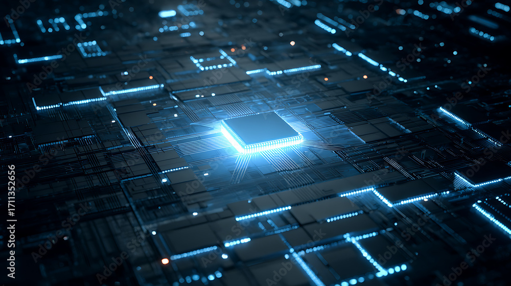 Poster represent an abstract chip interface using glowing blue grids