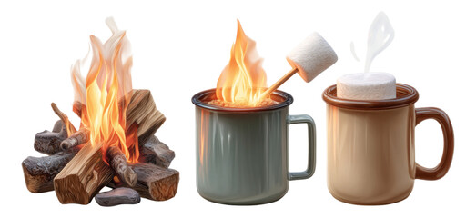 Cozy Campfire Scene with Marshmallows and Mugs