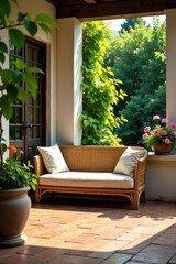Serene Patio Oasis  Wicker Sofa, Lush Greenery, and Sun-Drenched Terracotta Tiles Create a Peaceful Outdoor Retreat