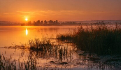 Golden Sunrise over Calm Lake and Reeds