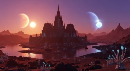 Alien Gothic Castle on Red Planet with Two Moons and Glowing Flora