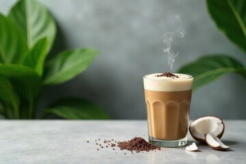 Aromatic Coffee Drink with Creamy Foam and Chocolate Garnish near Tropical Leaves and Coconut