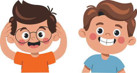 Cute Happy Boys Cartoon Characters, Cheerful Kids with Smiling Faces and Different Hairstyles, Vector Illustration