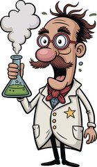 Cartoon Mad Scientist Character Holding a Smoking Erlenmeyer Flask, Crazy Professor with a Surprised Expression Vector Illustration
