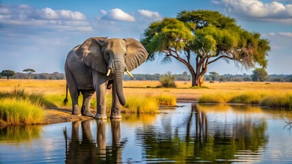 Obraz premium Majestic elephant drinking water in african savanna under a clear sky