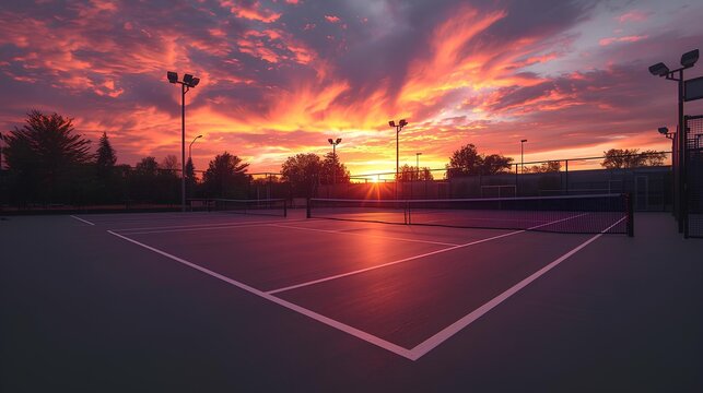 Hyper Realistic Outdoor Tennis Court at Vibrant Sunrise
