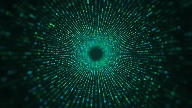 Seamlessly looping digital data stream flowing rapidly with green and blue light particles information, dynamic, design