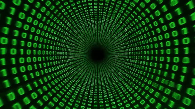 Seamlessly looping digital matrix light tunnel with green binary code streaming flowing, technology, electric