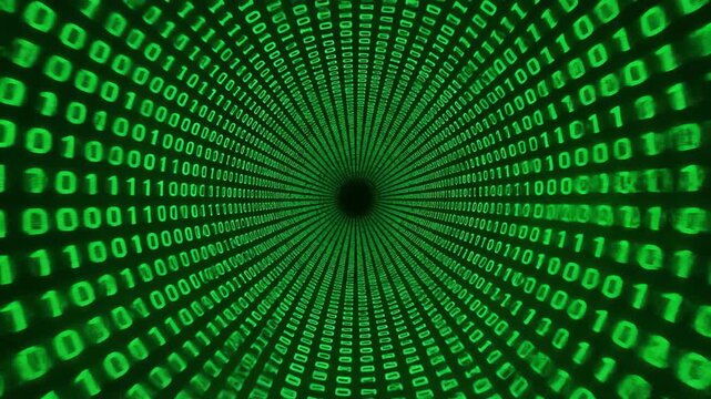 Seamlessly looping digital matrix light tunnel with green binary code streaming future, sci-fi, connection
