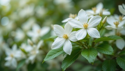 Fototapeta premium Tropical white frangipani flowers and yellow blossoms bloom in the garden, a beautiful symbol of summer nature