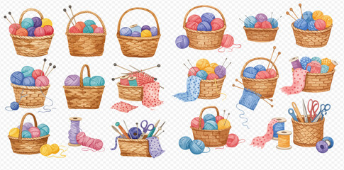 A charming watercolor collection of wicker baskets filled with colorful yarn balls, knitting needles, and various crafting supplies.