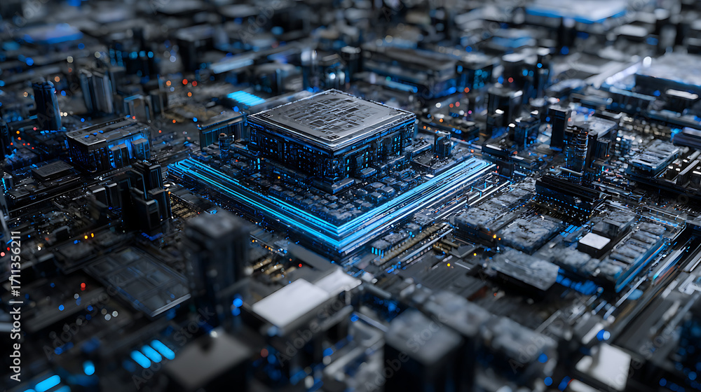 Poster showcase a futuristic blue microchip architecture in intricate detail