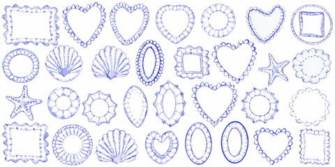 Collection of decorative blue watercolor frames and borders in various shapes including hearts shells and stars