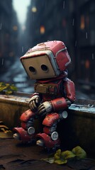 A sad red robot sits alone in the rain, contemplating its existence in the city