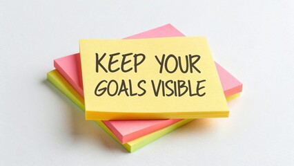 Brightly colored sticky notes with motivational message about keeping goals visible for productivity and inspiration