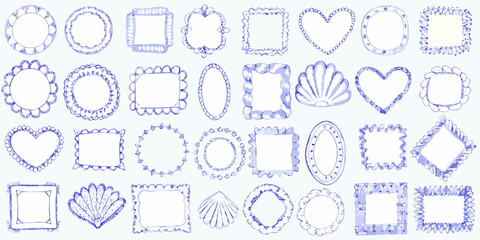 Collection of hand drawn blue watercolor frames and borders in various shapes and styles