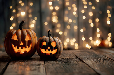 Two candy corn pumpkins sit on a white wooden surface surrounded by candy corn, creating a festive and playful Halloween scene.