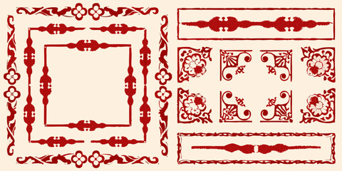 Collection of ornate red decorative borders and corner elements with floral motifs on a cream background