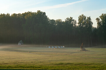 The Festive glade at the Mikhailovskoye estate on the territory of the Pushkin Museum-Reserve on a foggy summer morning, Pushkinskiye Gory, Pskov region, Russia © Ula Ulachka