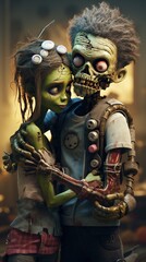 A zombie couple in love embrace each other in a postapocalyptic urban setting