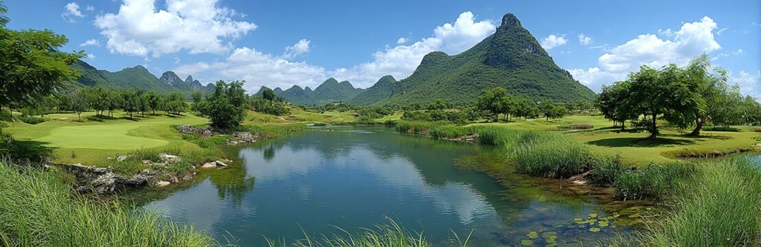 Serene Mountain Lake with Crystal Clear Water Reflection, Lush Meadows and Distant Peaks for Nature Tourism Promotions and Peaceful Compositions