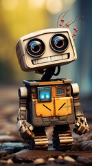 A charming little robot with a boxy head and a cheerful smile stands outdoors