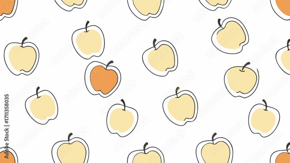 Poster seamless pattern of yellow apples with one orange apple, hand drawn style on transparency background