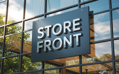 Modern storefront signage reflecting trees and sky on glass building facade illustration