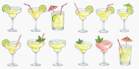 A collection of watercolor margarita cocktails in various glasses with lime, mint, and salt garnishes.