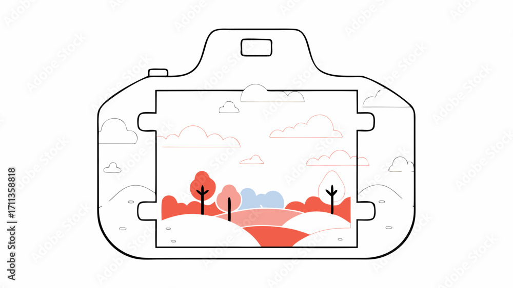 Aufkleber camera viewfinder showing minimal landscape with red trees and clouds in soft pastel style
