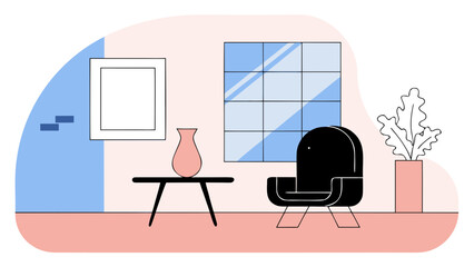 Fototapeta premium Modern black leather chair with side table, pink vase, large window and indoor plant in cozy room