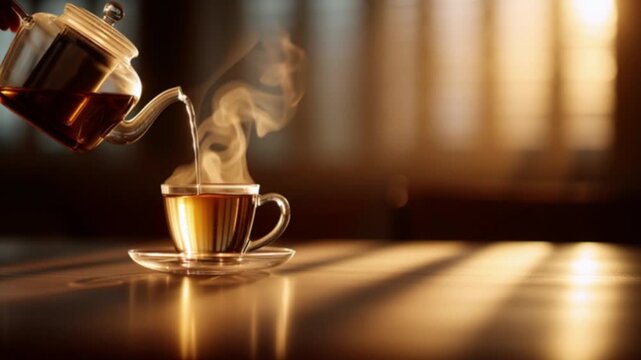 Glass teapot pouring hot steaming tea into transparent glass cup wooden table, warm sunlight streaming through window, cozy inviting morning atmosphere with steam rising, hot beverage relaxation