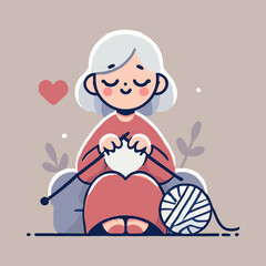 Illustration of a grandmother knitting white yarn