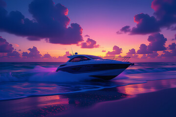 boat at sunset,A sleek, modern boat on a vibrant beach at twilight, with waves gently lapping at the shore. The scene is illuminated by a striking blend of purple and pink lights, creating a surreal a