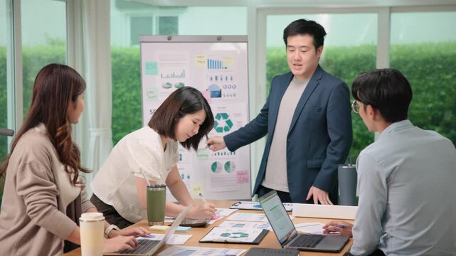 Future Growth Net zero waste ESG office SDGs happy work project social risk plan idea. Diverse Group asia people go green stock market data class advice talking report asian startup workshop training.