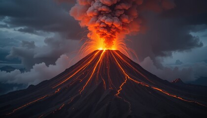 A volcano erupting violently, spewing a massive column of ash and fire into the air, with glowing lava flowing down its slopes.