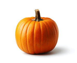 Ripe pumpkin sits on a white surface, its orange skin glowing under studio lights, showcasing autumn's bounty and harvest season's spirit.
