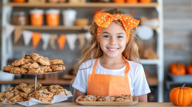 smiling girl in an orange apron and polka dot bow presents a tray of cookies in a festive kitchen.
