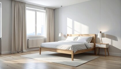 A bright and airy minimalist bedroom with light wood furniture, white walls, and soft, flowing curtains.