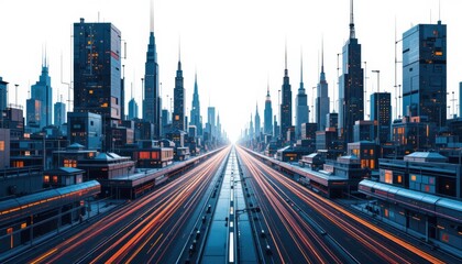 An abstract cityscape of the future, with geometric shapes and intersecting light trails, isolated on a stark white canvas.