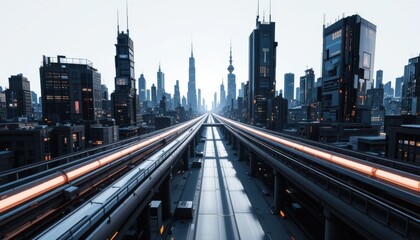 Fototapeta premium An abstract cityscape of the future, with geometric shapes and intersecting light trails, isolated on a stark white canvas.