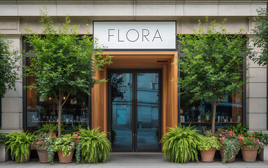 Elegant restaurant entrance facade with lush greenery and glowing signage illustration