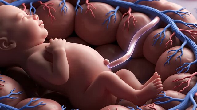 Hyper-realistic rendering of a developing human fetus connected to the life-sustaining vascular network of the placenta