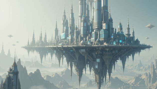 A photo-realistic rendering of a floating city, with crystalline structures and holographic advertisements, set against a brilliant white void.