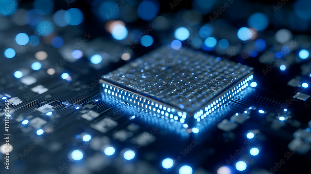 Poster visualize a glowing blue computer chip filled with tiny interconnected squares