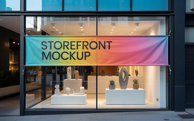 Modern storefront mockup with colorful banner advertising new collection outside building illustration